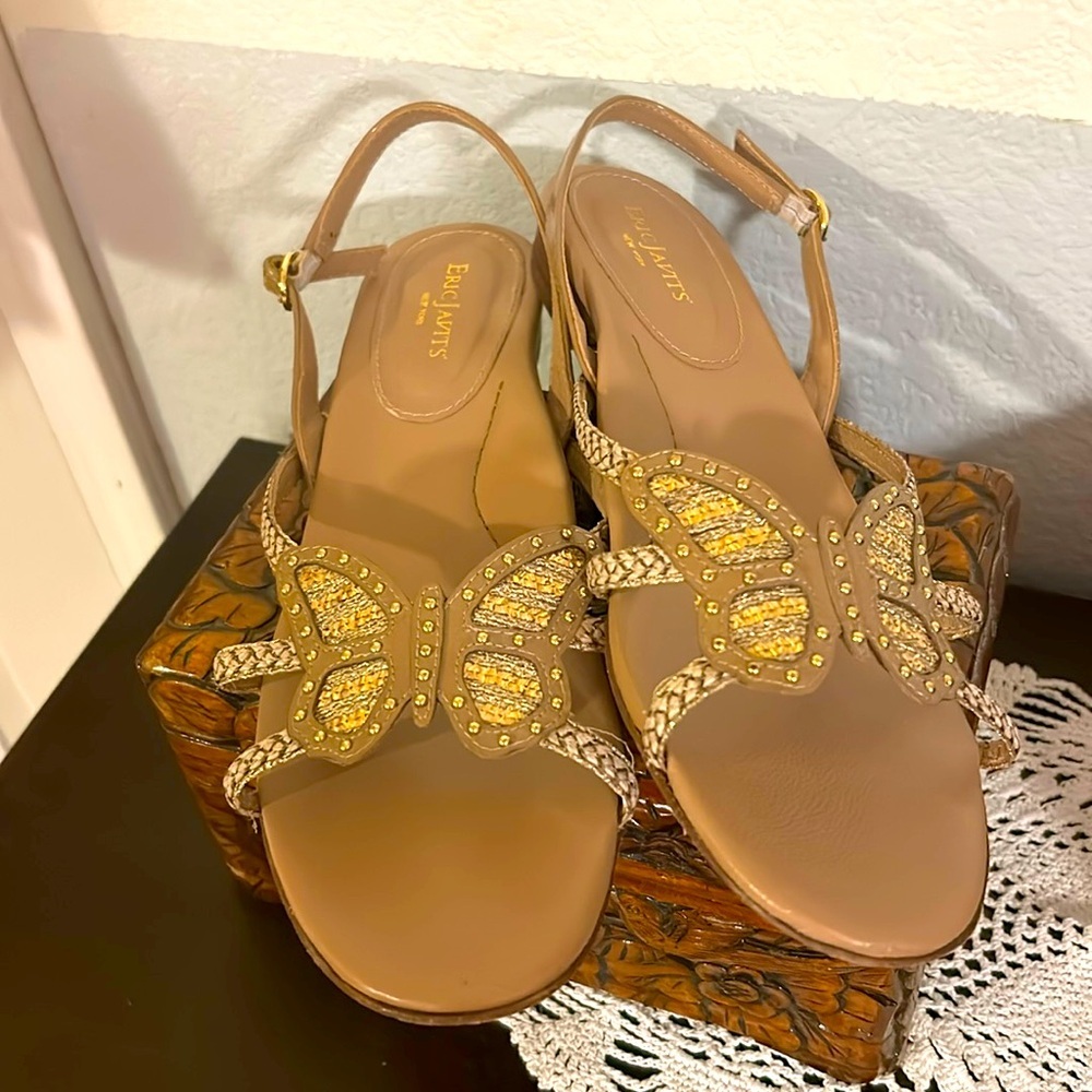Eric Javits Tan Sandals with Gold Butterfly Embellishments